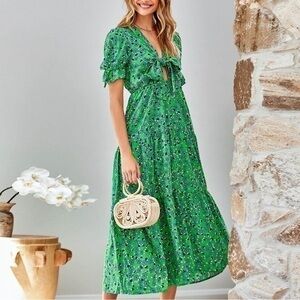 BTFMB Elastic With Ruffle Cuffs Womens Bow Knot Front Casual Cutout Dress